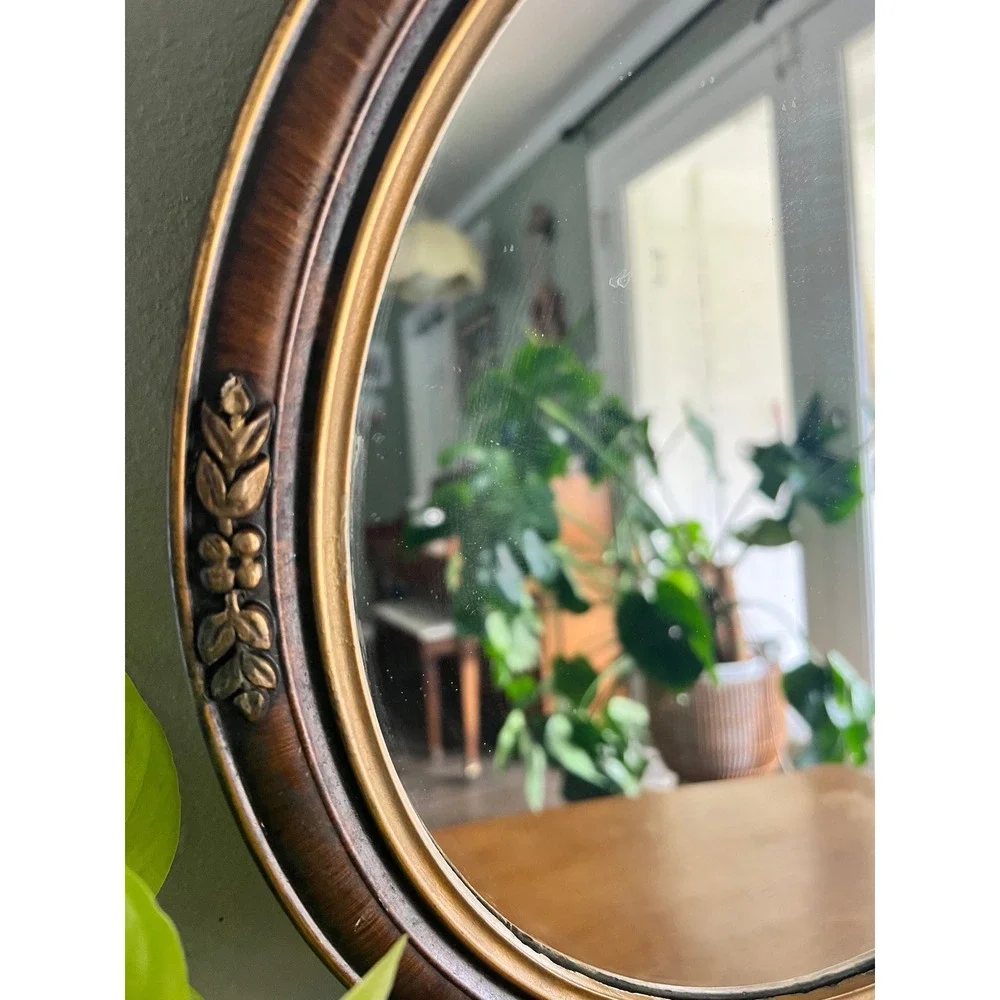 Vintage French Neoclassical Round Wood Wall Mirror Gilt Accents 22x16